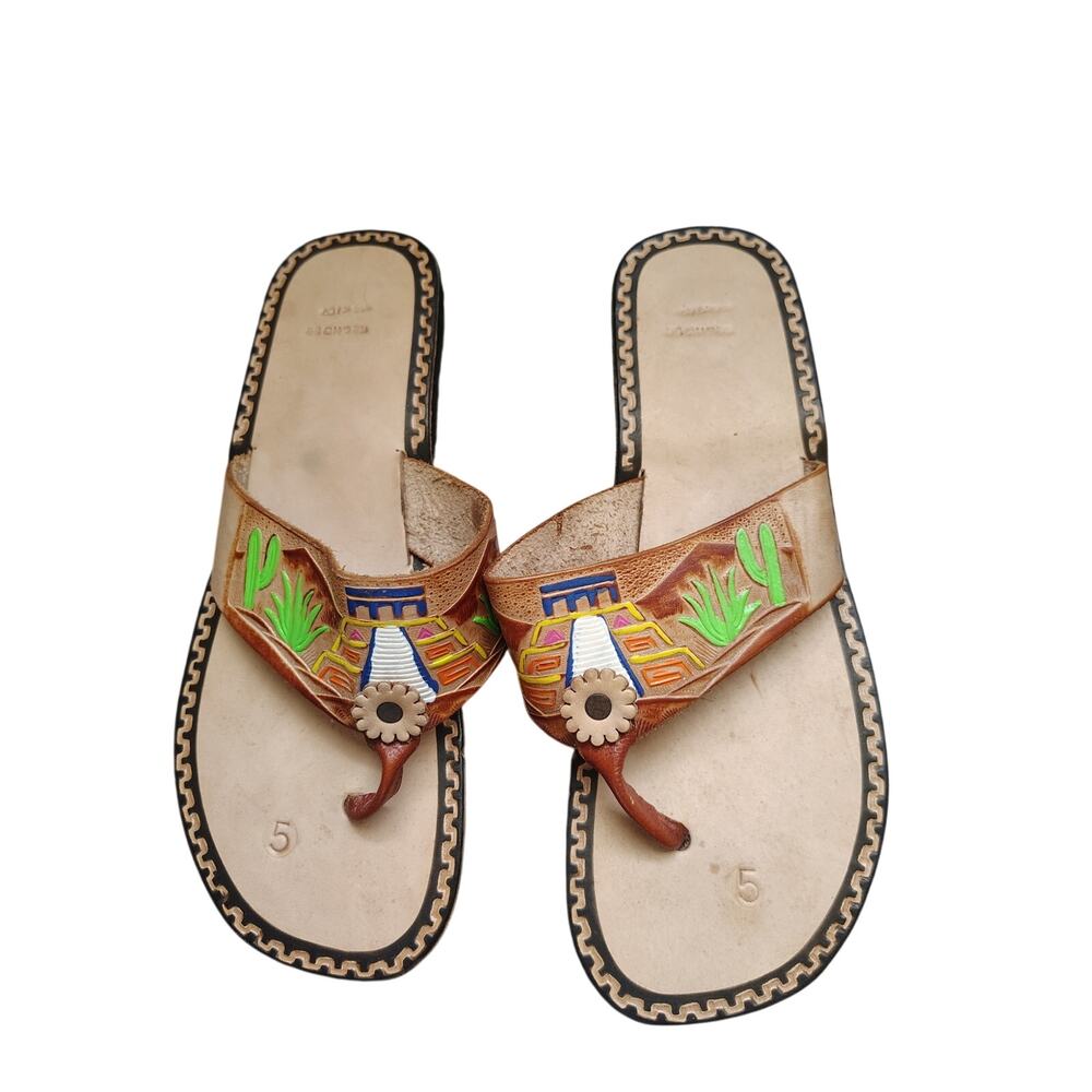 Hand Tooled Leather Southwestern Thong Sandals Size Mexico 5 US 7 Folk Art Boho